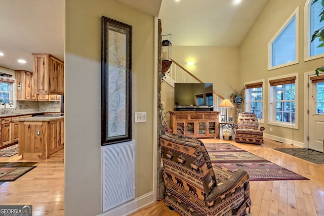 interior space featuring light hardwood / wood-style floors, sink, high vaulted ceiling, and plenty of natural light