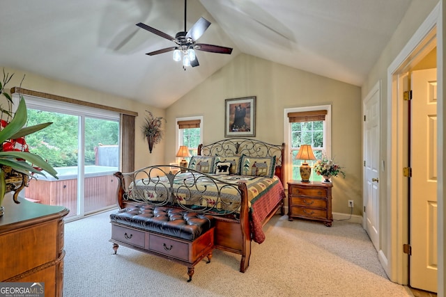 bedroom with access to exterior, light carpet, ceiling fan, and lofted ceiling