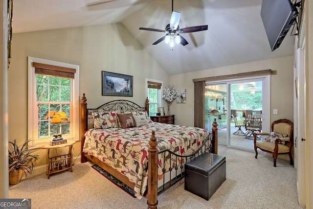 bedroom with light colored carpet, high vaulted ceiling, ceiling fan, and access to exterior