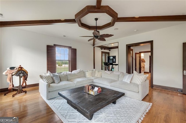 living room with ceiling fan and hardwood / wood-style flooring