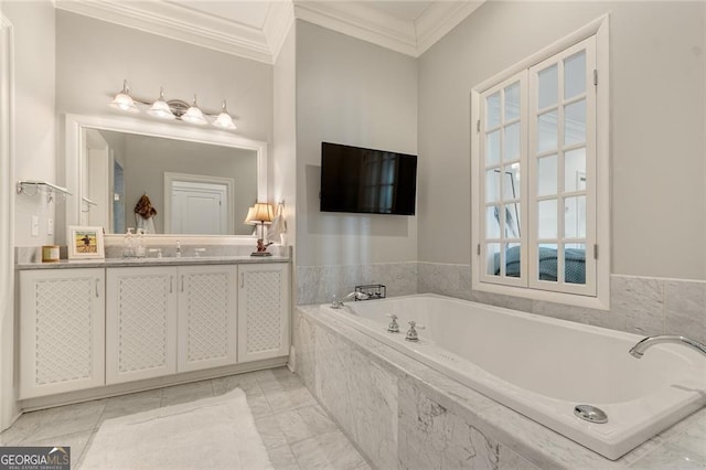 bathroom with tiled bath, tile patterned flooring, crown molding, and vanity