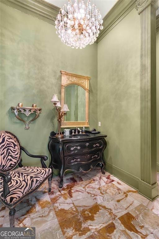 interior space with crown molding and a notable chandelier