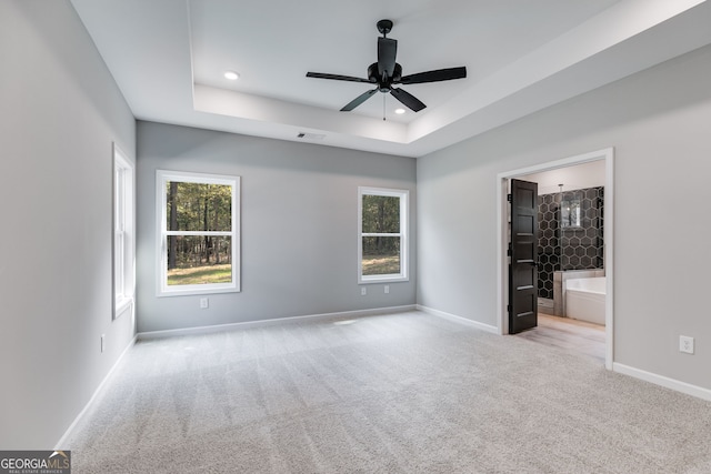 carpeted spare room with ceiling fan, a tray ceiling, and plenty of natural light