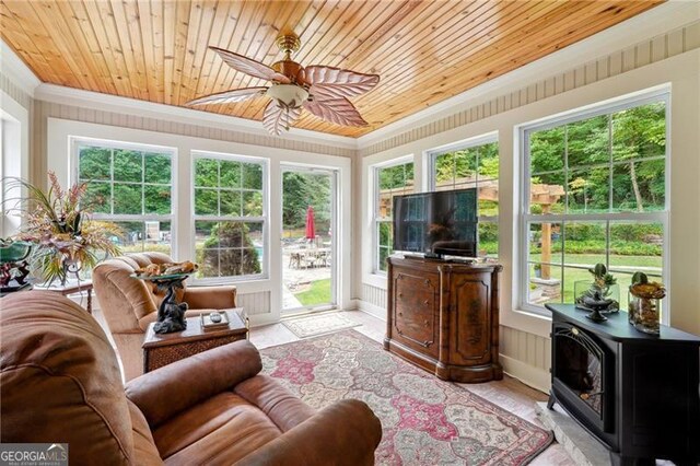 sunroom featuring wooden ceiling, a wood stove, and ceiling fan