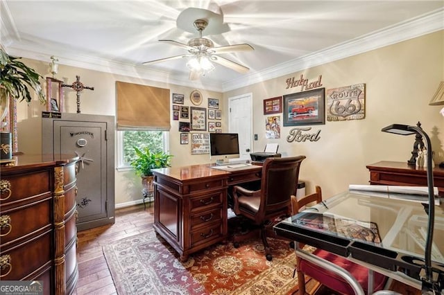 office space with ceiling fan, ornamental molding, and hardwood / wood-style floors