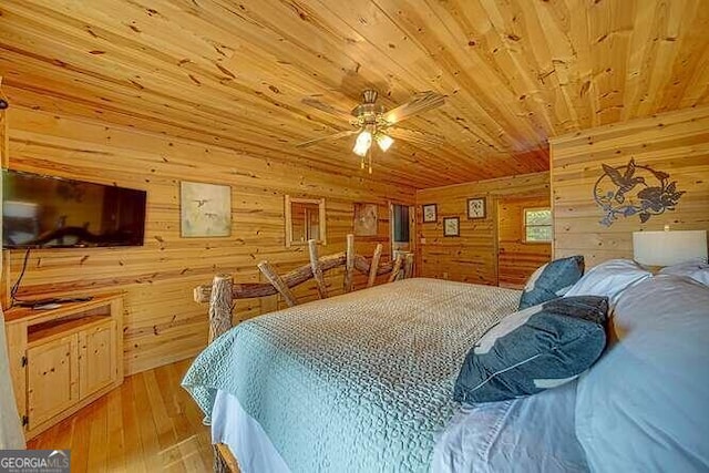 bedroom featuring wood ceiling, wood walls, ceiling fan, and wood-type flooring