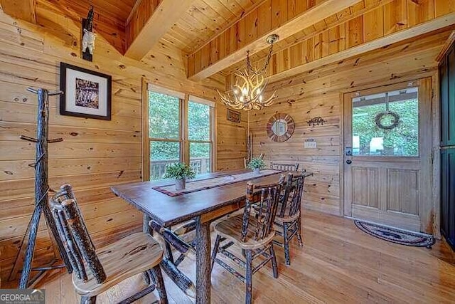 dining room featuring wood walls, light wood-type flooring, a healthy amount of sunlight, and beam ceiling