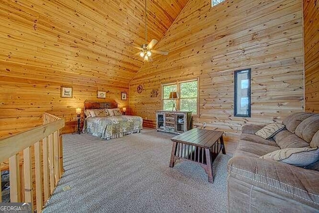 carpeted bedroom featuring wood ceiling, wooden walls, and high vaulted ceiling