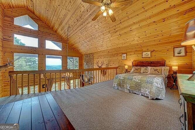 unfurnished bedroom with wooden ceiling, ceiling fan, and high vaulted ceiling