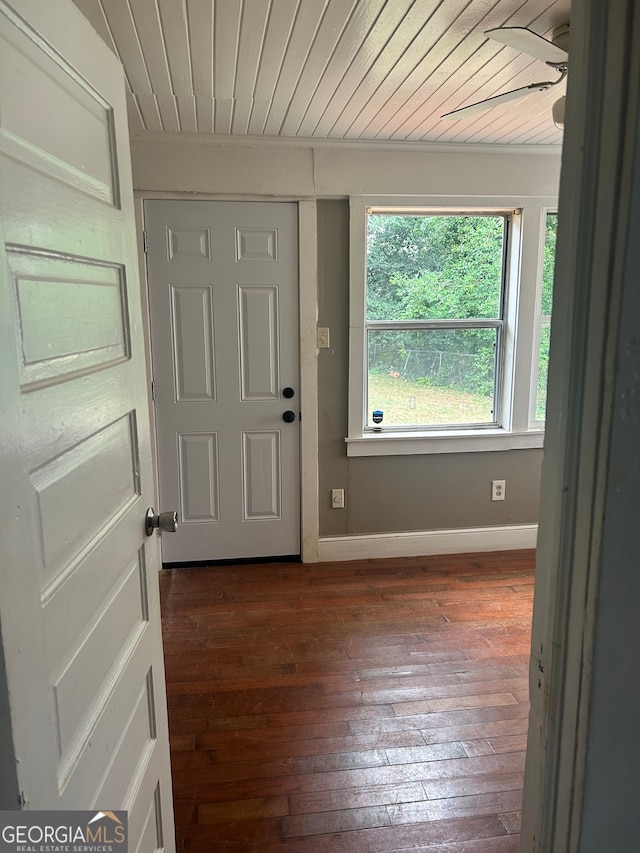 entrance foyer with wood ceiling, hardwood / wood-style floors, and ceiling fan