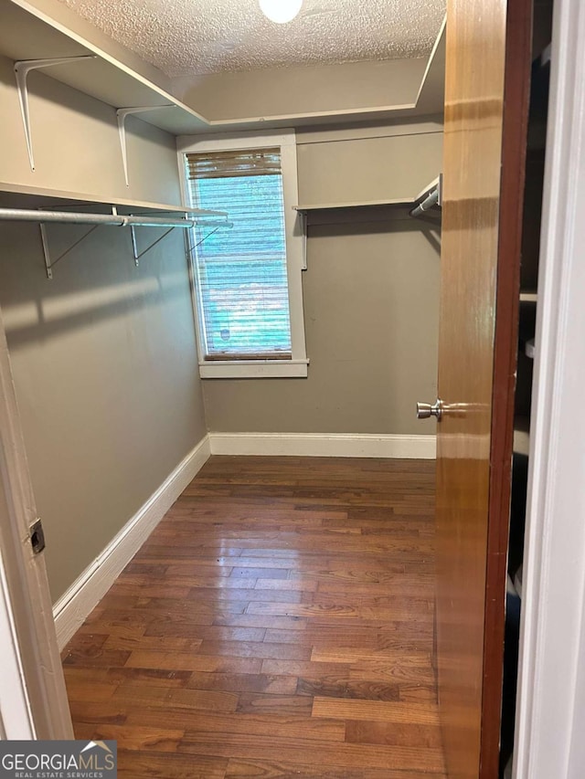 walk in closet with dark wood-type flooring