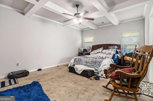 bedroom with coffered ceiling, beam ceiling, ornamental molding, and carpet flooring