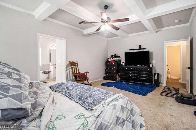 bedroom featuring coffered ceiling, ensuite bath, carpet floors, and beamed ceiling