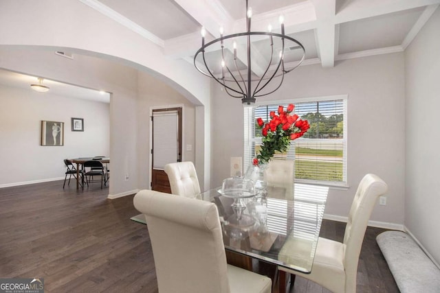 dining room with dark hardwood / wood-style flooring, a chandelier, coffered ceiling, crown molding, and beam ceiling