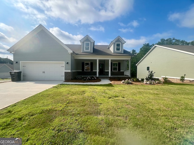 cape cod home featuring a garage, a porch, and a front lawn