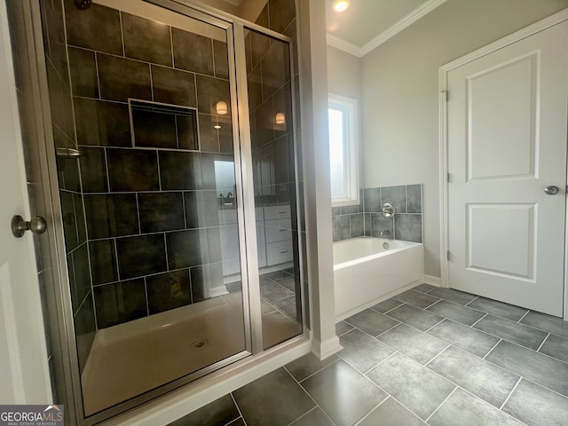 bathroom featuring tile patterned flooring, independent shower and bath, and crown molding