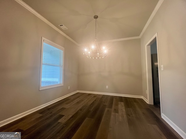 unfurnished dining area featuring wood-type flooring, ornamental molding, and a notable chandelier