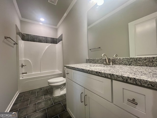 full bathroom featuring shower / bath combination, crown molding, tile patterned floors, toilet, and vanity