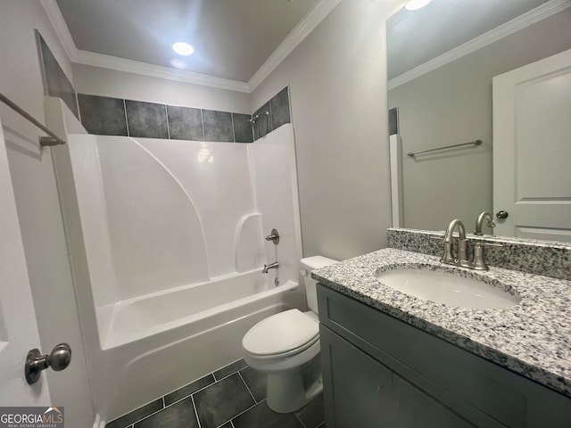 full bathroom with vanity, tile patterned floors, shower / bathtub combination, ornamental molding, and toilet