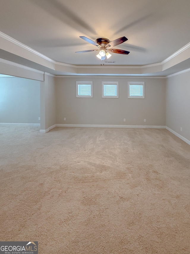 spare room featuring a healthy amount of sunlight, ornamental molding, and a tray ceiling