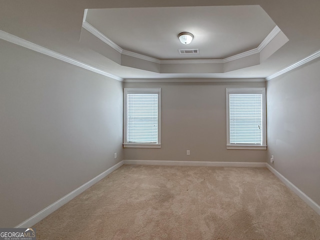 carpeted empty room with ornamental molding and a tray ceiling