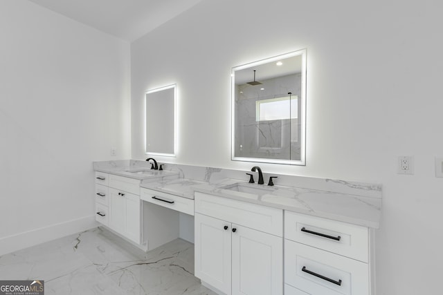 2861 Tree Top Rd, Dacula, GA 30019 - bathroom with a marble finish shower, marble finish floors, baseboards, and double vanity