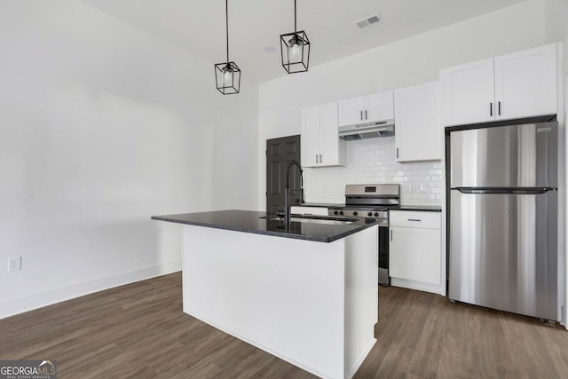 kitchen with an island with sink, white cabinetry, dark wood-type flooring, pendant lighting, and stainless steel appliances