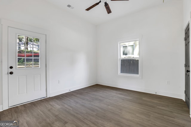 entrance foyer featuring dark wood-type flooring and ceiling fan