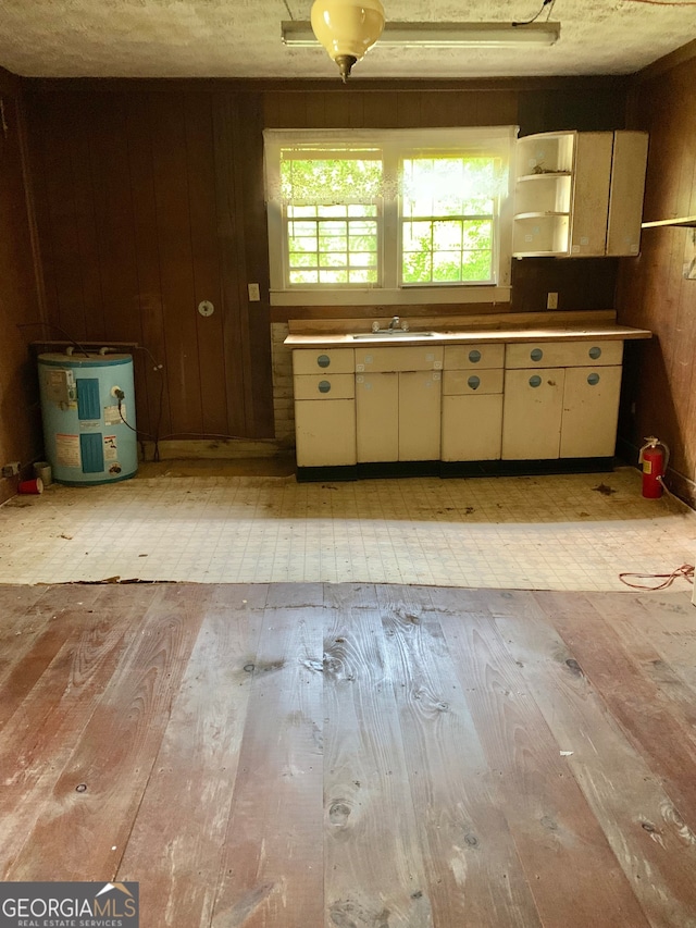 kitchen featuring wooden walls and sink