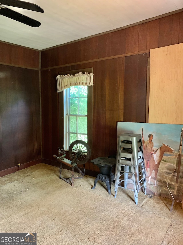 misc room featuring wooden walls and carpet