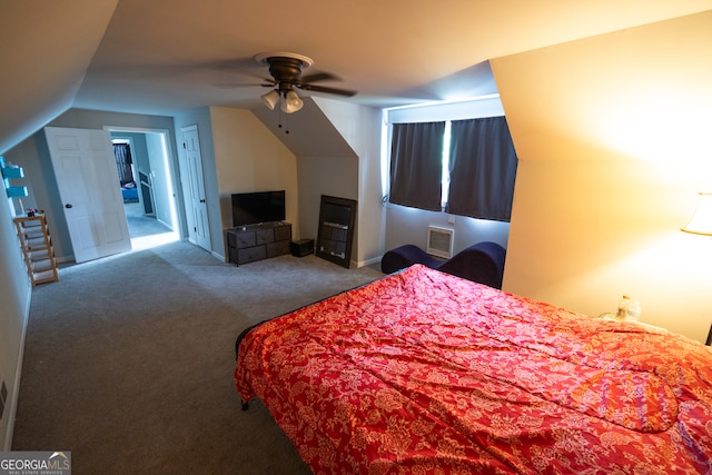 bedroom with carpet floors, lofted ceiling, and ceiling fan