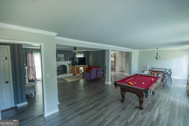 rec room featuring wood-type flooring, ornamental molding, and billiards