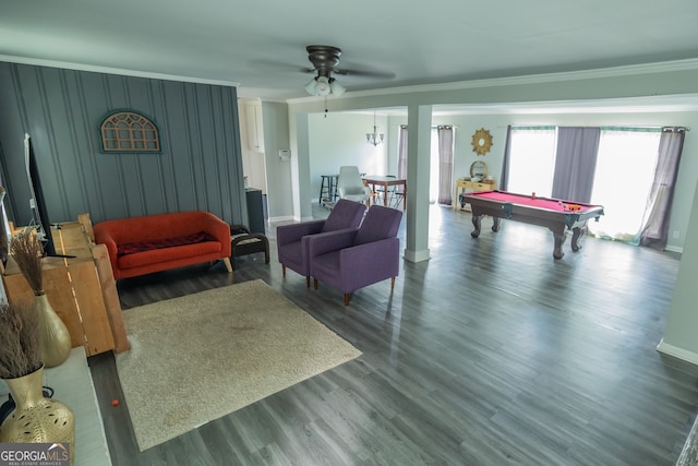 living room with ceiling fan, hardwood / wood-style flooring, billiards, and ornamental molding