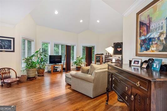 living room with lofted ceiling, wood-type flooring, and ornamental molding