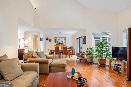 living room with high vaulted ceiling and wood-type flooring