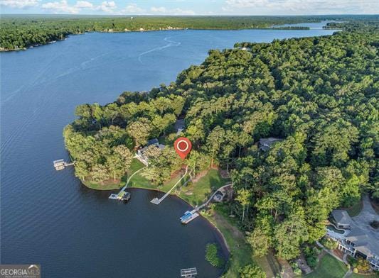 drone / aerial view featuring a water view and a view of trees