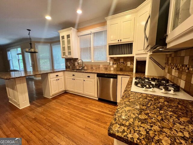 kitchen with decorative backsplash, pendant lighting, sink, dishwasher, and light hardwood / wood-style flooring