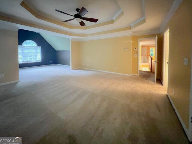 spare room featuring a raised ceiling, ornamental molding, carpet floors, and ceiling fan