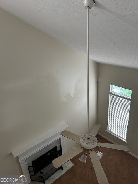 interior details featuring a textured ceiling, carpet flooring, and a fireplace