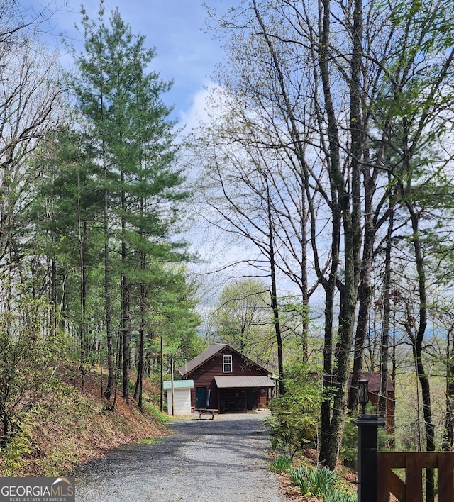 870 Morton Dr, Ellijay, GA 30540 - view of front of house featuring driveway, a metal roof, and a forest view
