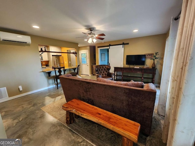 870 Morton Dr, Ellijay, GA 30540 - living area with an AC wall unit, finished concrete floors, a ceiling fan, a barn door, and recessed lighting