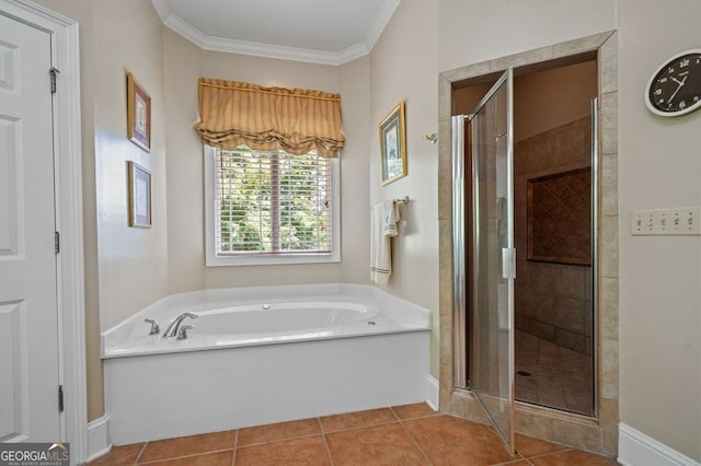 bathroom with independent shower and bath, tile patterned floors, and crown molding