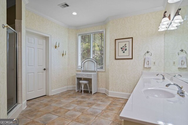 bathroom with ornamental molding, walk in shower, tile patterned flooring, and dual bowl vanity