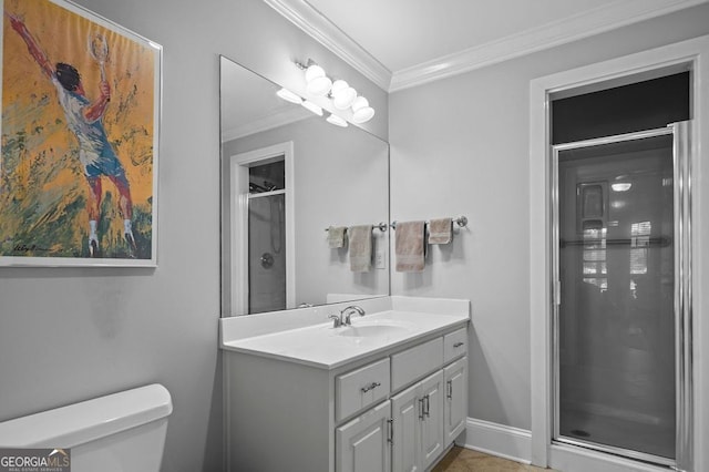 bathroom featuring walk in shower, crown molding, toilet, and vanity