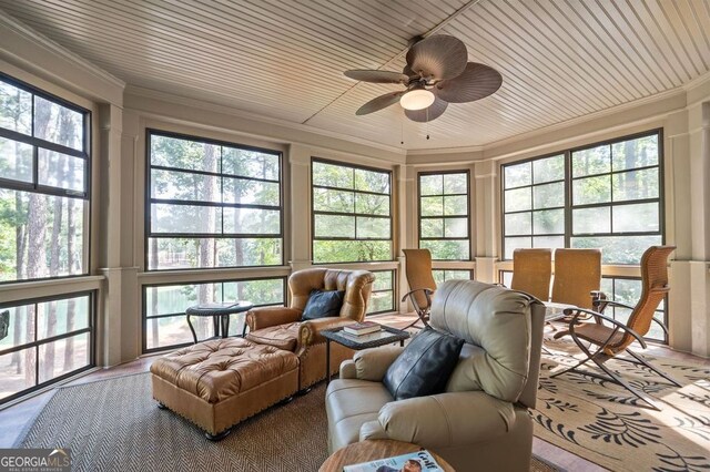 sunroom featuring a wealth of natural light and ceiling fan