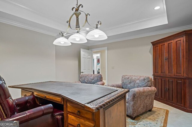 office space with crown molding, light carpet, a raised ceiling, and a notable chandelier