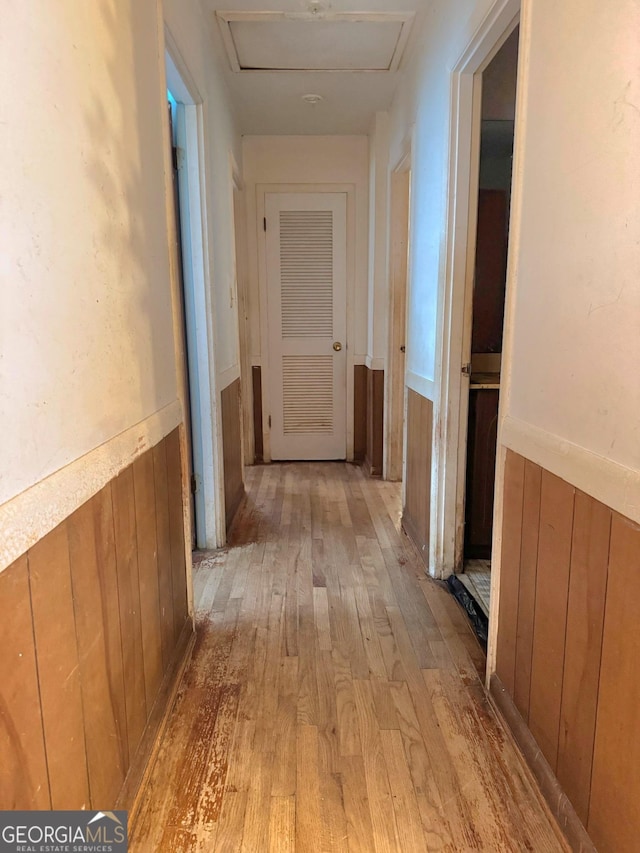 hallway with light wood-type flooring and wood walls