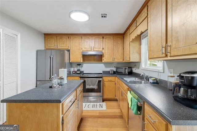 kitchen featuring under cabinet range hood, a sink, visible vents, appliances with stainless steel finishes, and dark countertops