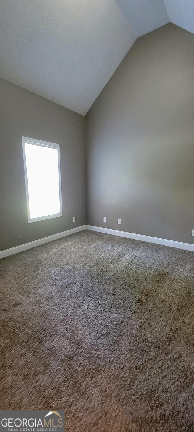 empty room featuring carpet and lofted ceiling