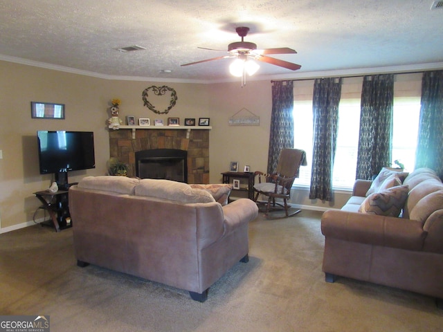 living room featuring a fireplace, ornamental molding, carpet flooring, and a textured ceiling